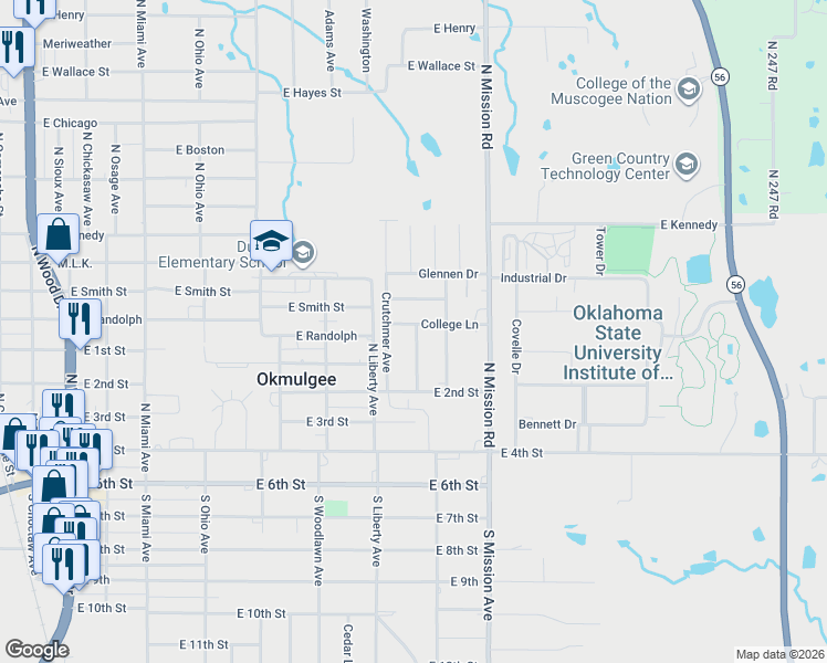map of restaurants, bars, coffee shops, grocery stores, and more near 1610 College Lane in Okmulgee