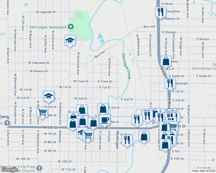 map of restaurants, bars, coffee shops, grocery stores, and more near 521 North Central Avenue in Okmulgee