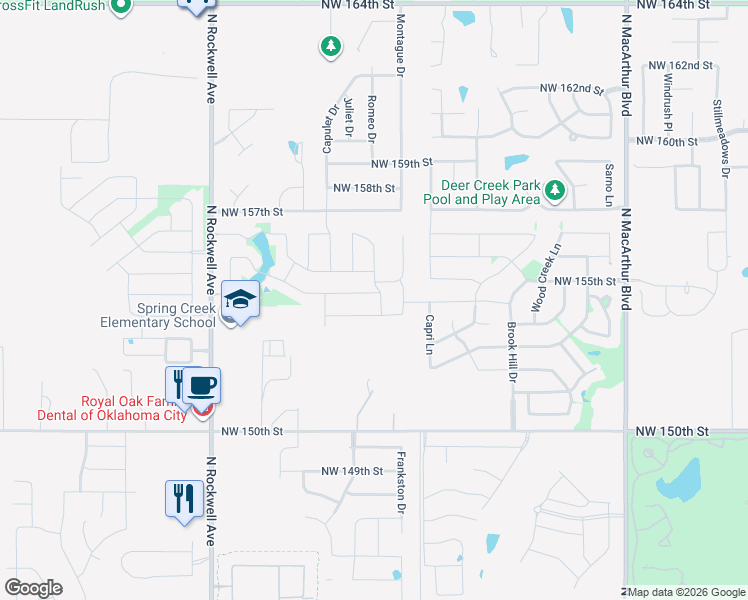 map of restaurants, bars, coffee shops, grocery stores, and more near 6621 Northwest 154th Street in Edmond