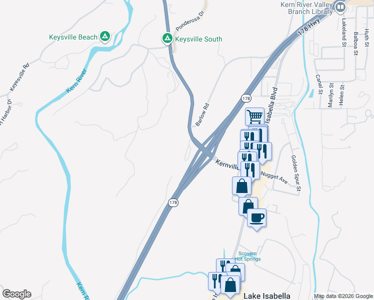 map of restaurants, bars, coffee shops, grocery stores, and more near 400 California 155 in Lake Isabella