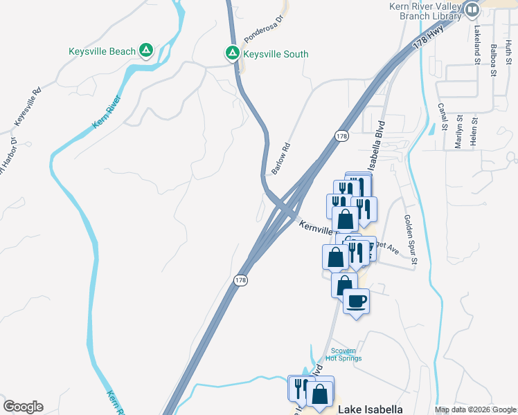 map of restaurants, bars, coffee shops, grocery stores, and more near 400 California 155 in Lake Isabella