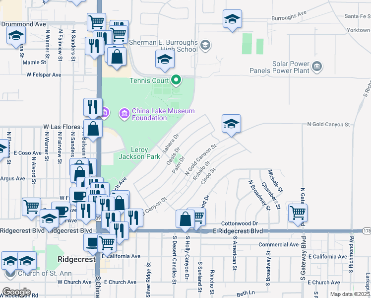 map of restaurants, bars, coffee shops, grocery stores, and more near 425 Palm Drive in Ridgecrest