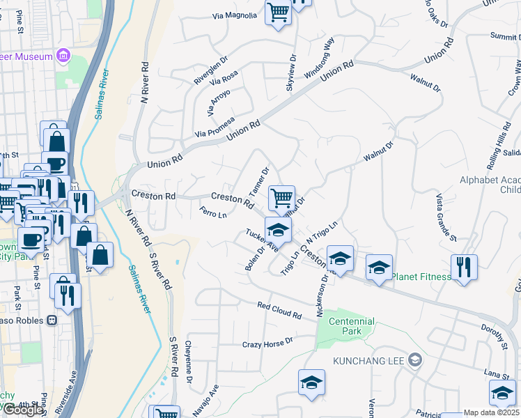 map of restaurants, bars, coffee shops, grocery stores, and more near 619 Creston Road in Paso Robles