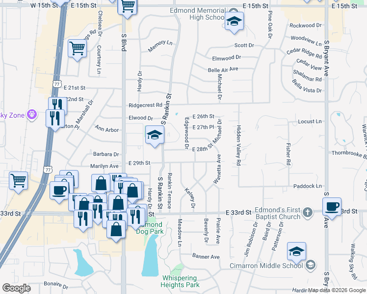 map of restaurants, bars, coffee shops, grocery stores, and more near 2717 Edgewood Drive in Edmond