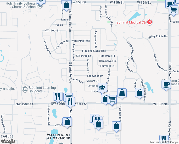 map of restaurants, bars, coffee shops, grocery stores, and more near 2704 Redwood Lane in Edmond