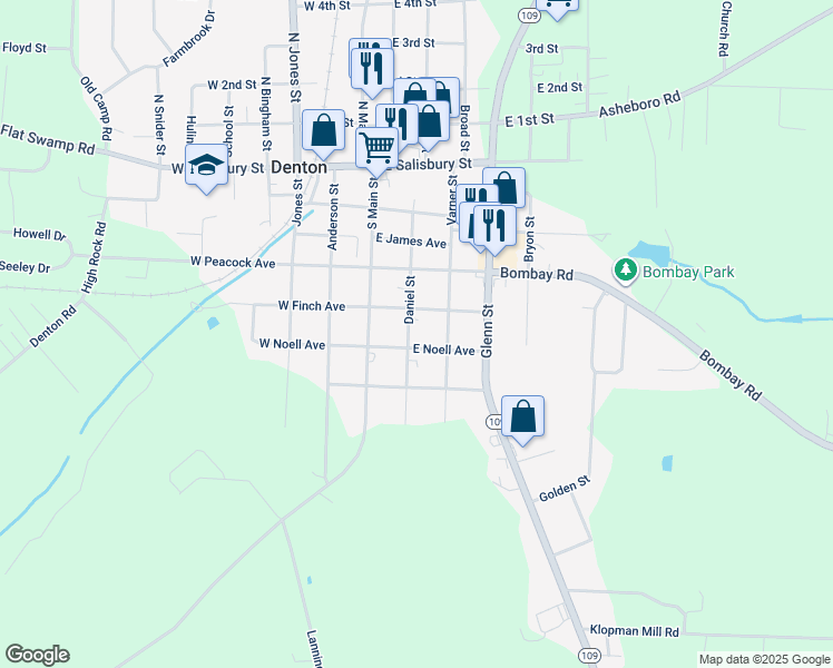 map of restaurants, bars, coffee shops, grocery stores, and more near 369 Daniel Street in Denton