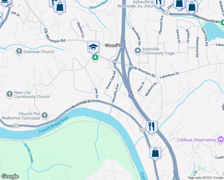 map of restaurants, bars, coffee shops, grocery stores, and more near 19 Terrace Court in Woodfin