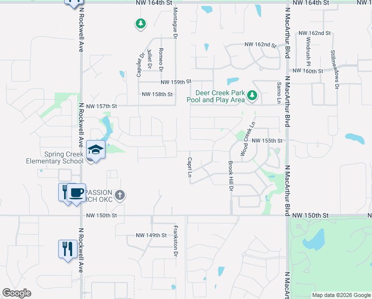 map of restaurants, bars, coffee shops, grocery stores, and more near 6405 Northwest 154th Terrace in Edmond
