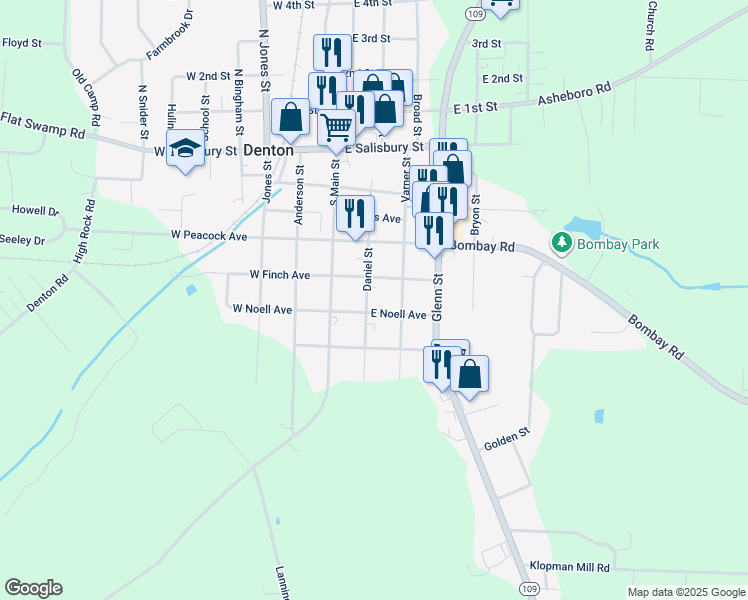 map of restaurants, bars, coffee shops, grocery stores, and more near 369 Daniel Street in Denton