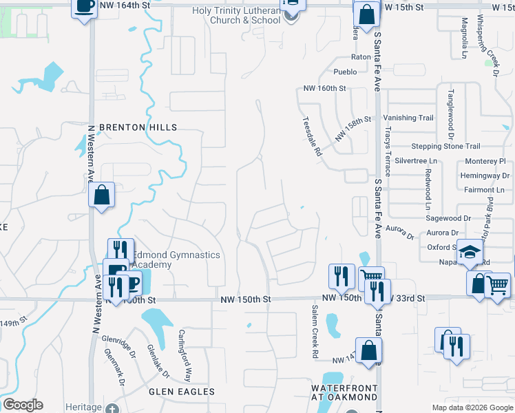 map of restaurants, bars, coffee shops, grocery stores, and more near 328 Northwest 155th Street in Edmond