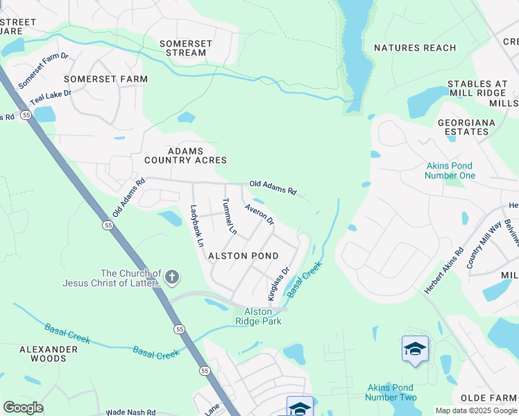 map of restaurants, bars, coffee shops, grocery stores, and more near 2644 Averon Drive in Holly Springs