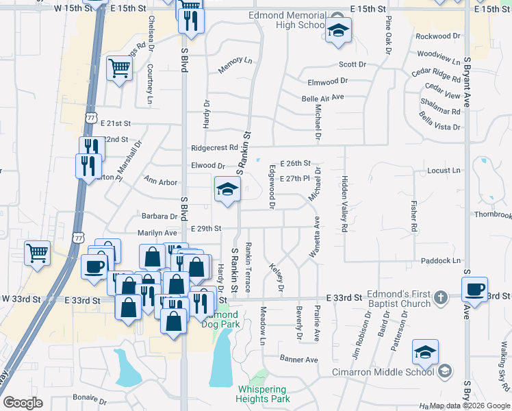 map of restaurants, bars, coffee shops, grocery stores, and more near 530 East 28th Street in Edmond