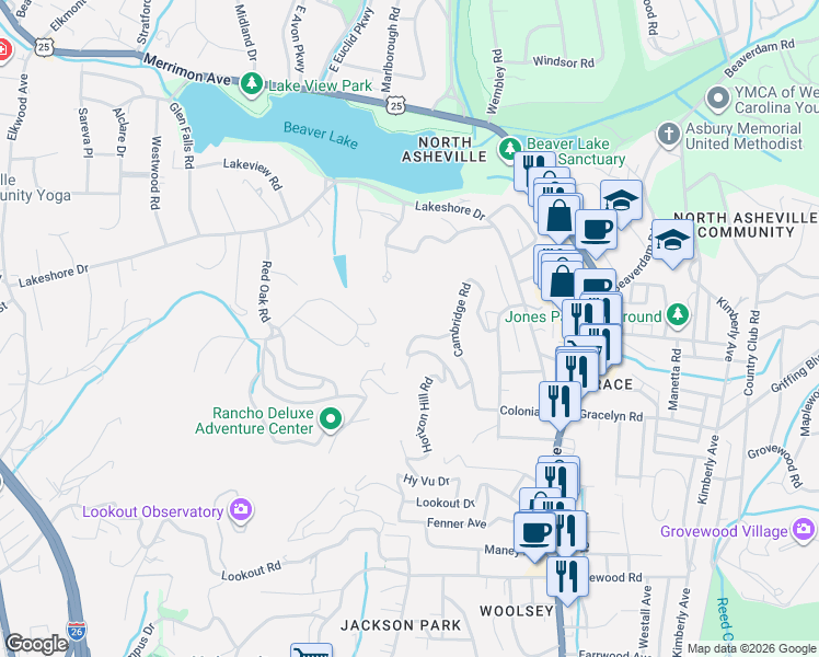 map of restaurants, bars, coffee shops, grocery stores, and more near 5 Horizon Hill Road in Asheville