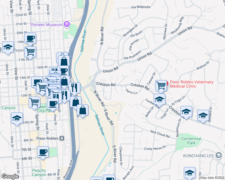 map of restaurants, bars, coffee shops, grocery stores, and more near 105 Capitol Hill Drive in Paso Robles