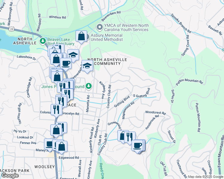 map of restaurants, bars, coffee shops, grocery stores, and more near 6 Blackwood Road in Asheville