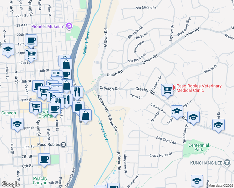 map of restaurants, bars, coffee shops, grocery stores, and more near 105 Capitol Hill Drive in Paso Robles