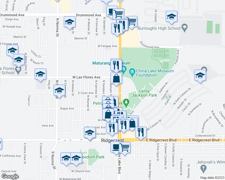 map of restaurants, bars, coffee shops, grocery stores, and more near 408 Balsam Street in Ridgecrest