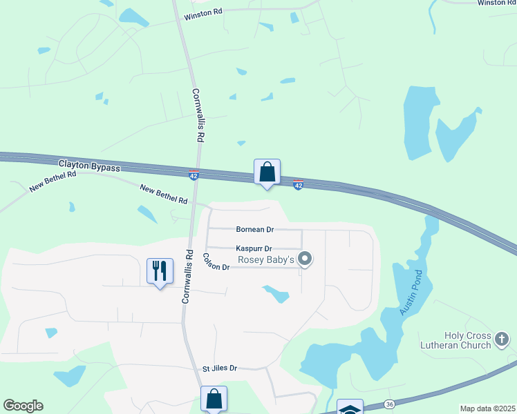 map of restaurants, bars, coffee shops, grocery stores, and more near Kyndallee Lane in Clayton