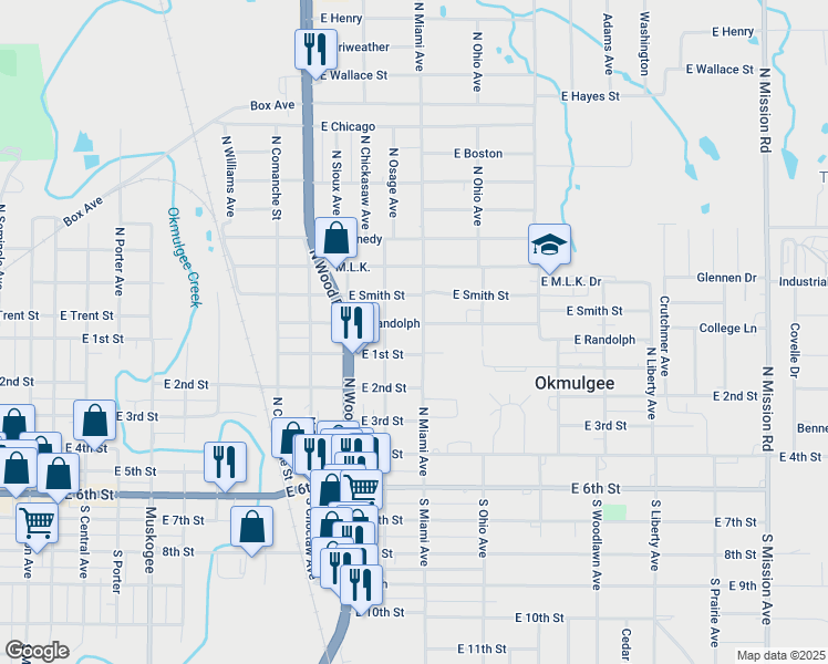 map of restaurants, bars, coffee shops, grocery stores, and more near 1119 East 1st Street in Okmulgee