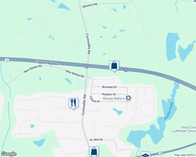 map of restaurants, bars, coffee shops, grocery stores, and more near 79 Kyndallee Lane in Garner