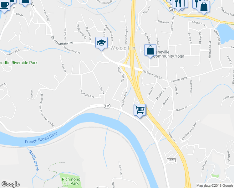 map of restaurants, bars, coffee shops, grocery stores, and more near 58 Green Oak Road in Asheville