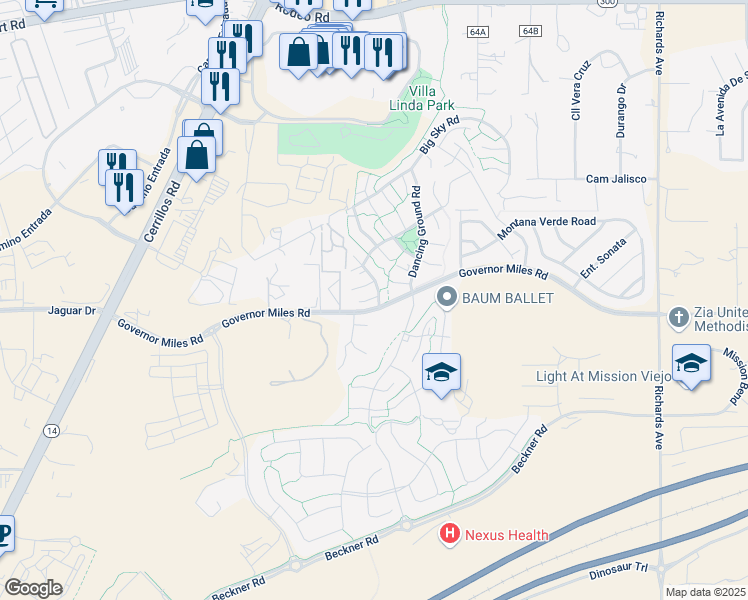 map of restaurants, bars, coffee shops, grocery stores, and more near 4250 River Song Lane in Santa Fe