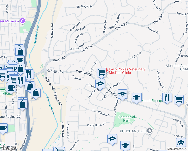 map of restaurants, bars, coffee shops, grocery stores, and more near 619 Creston Road in Paso Robles