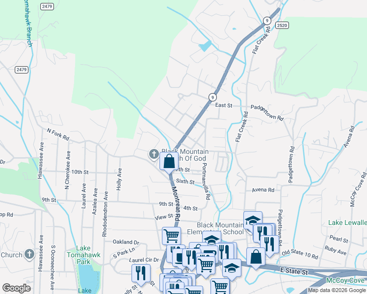 map of restaurants, bars, coffee shops, grocery stores, and more near 9 Teresa Way in Black Mountain