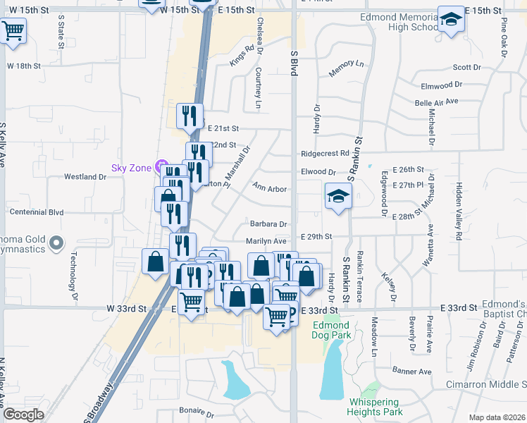 map of restaurants, bars, coffee shops, grocery stores, and more near 145 Barbara Drive in Edmond