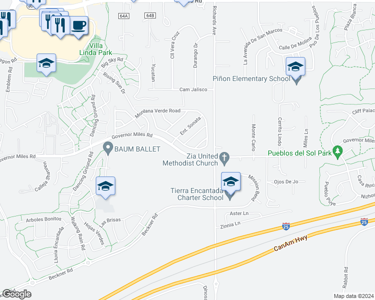 map of restaurants, bars, coffee shops, grocery stores, and more near 3818 Montana Verde Road in Santa Fe