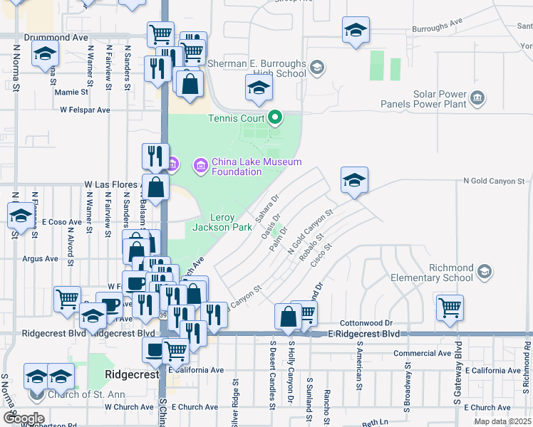 map of restaurants, bars, coffee shops, grocery stores, and more near 408 Sahara Drive in Ridgecrest
