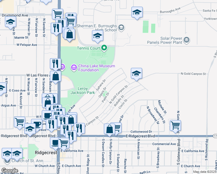 map of restaurants, bars, coffee shops, grocery stores, and more near 428 Oasis Drive in Ridgecrest