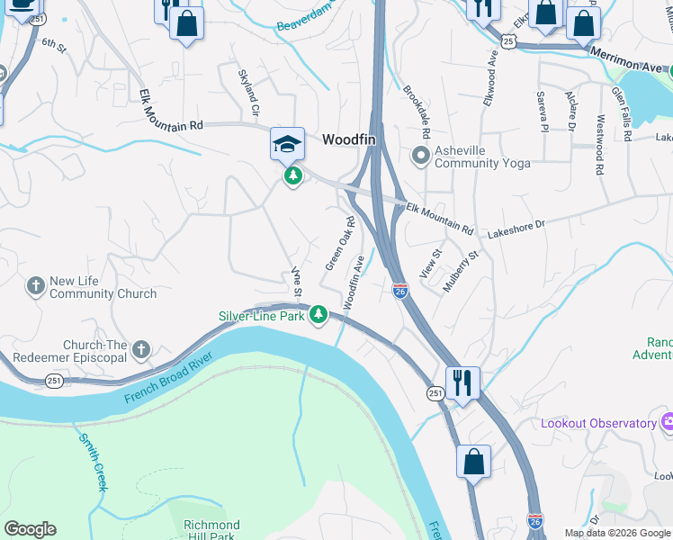 map of restaurants, bars, coffee shops, grocery stores, and more near 19 Terrace Court in Woodfin