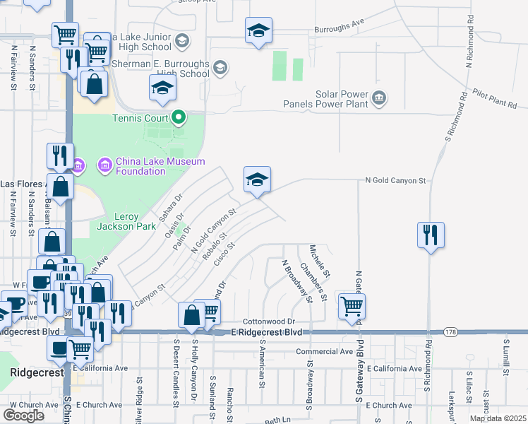 map of restaurants, bars, coffee shops, grocery stores, and more near 540 Robalo Street in Ridgecrest