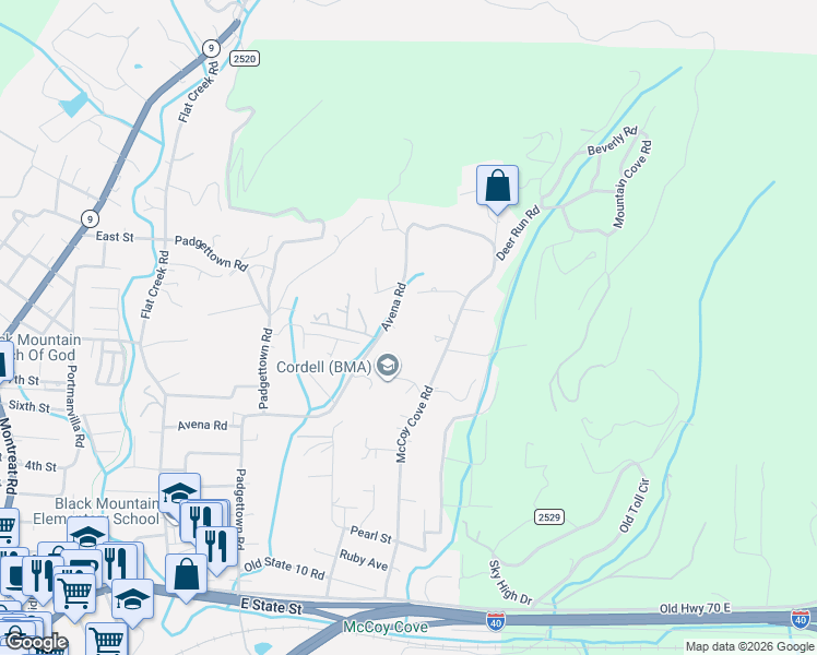 map of restaurants, bars, coffee shops, grocery stores, and more near 410 Avena Road in Black Mountain
