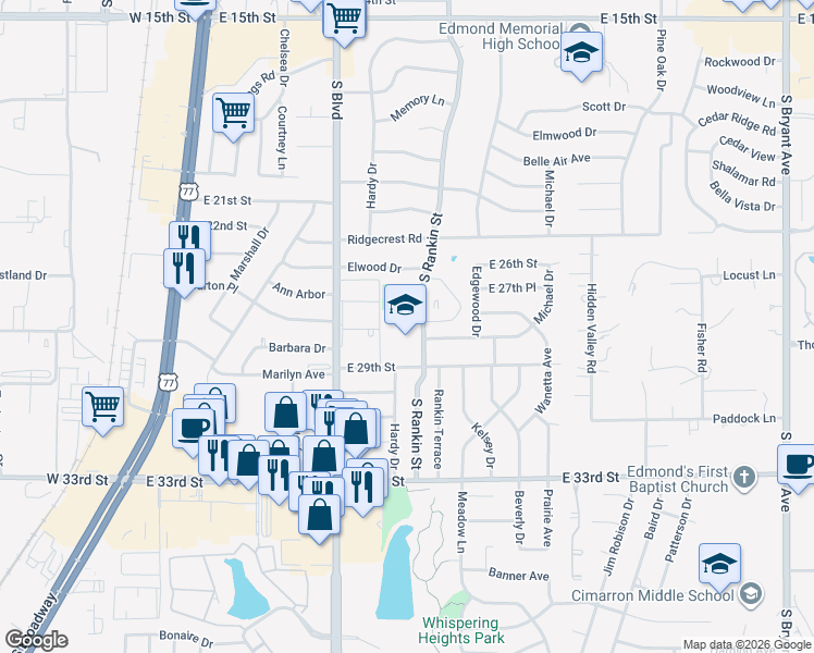 map of restaurants, bars, coffee shops, grocery stores, and more near 2801 South Rankin Street in Edmond