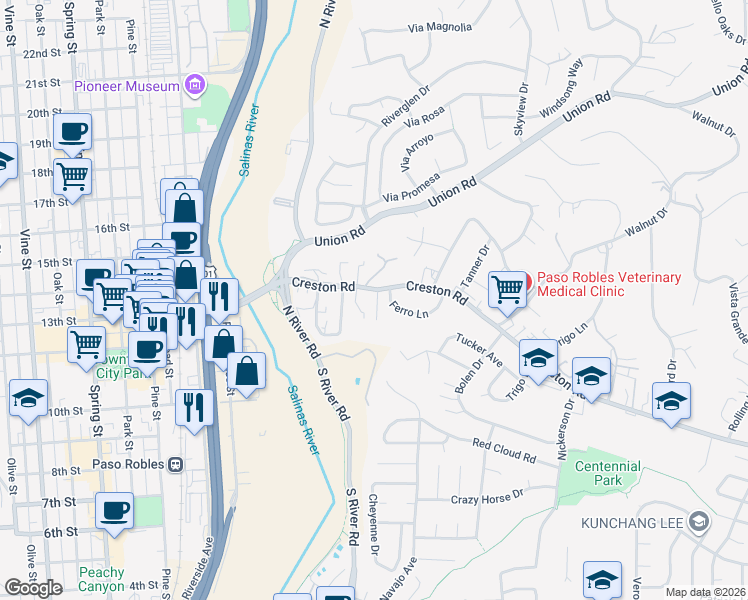 map of restaurants, bars, coffee shops, grocery stores, and more near 424 Creston Road in Paso Robles