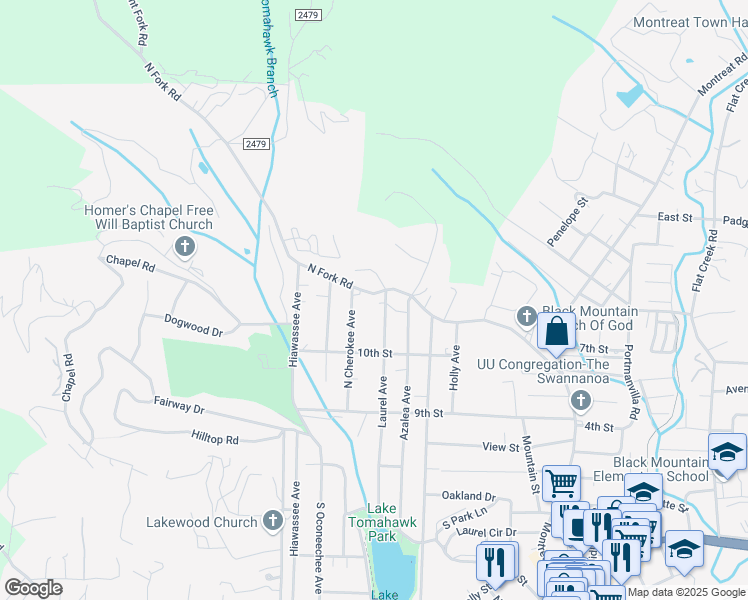 map of restaurants, bars, coffee shops, grocery stores, and more near 217 North Fork Road in Black Mountain