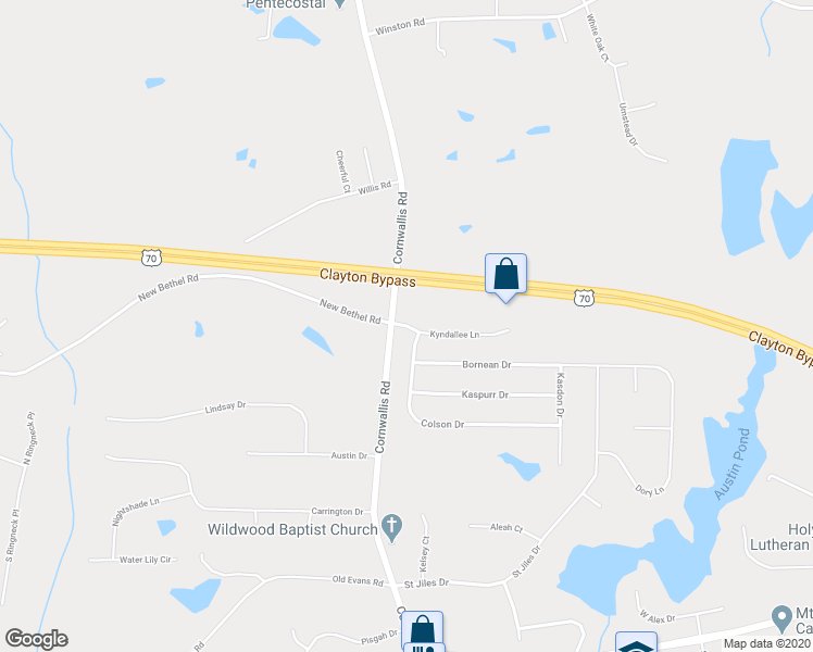 map of restaurants, bars, coffee shops, grocery stores, and more near Kyndallee Lane in Clayton