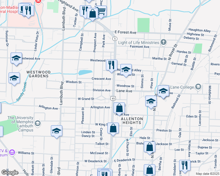 map of restaurants, bars, coffee shops, grocery stores, and more near 909 North Highland Avenue in Jackson