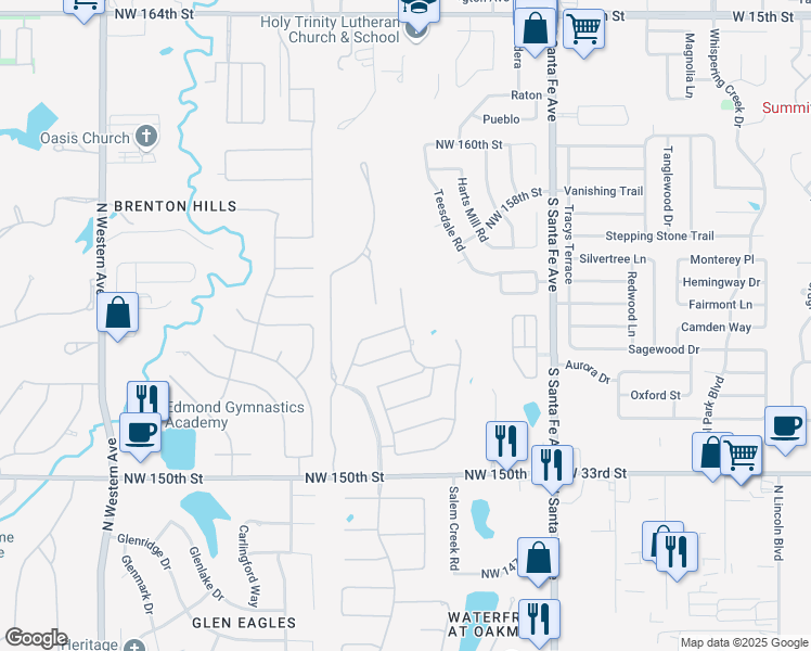 map of restaurants, bars, coffee shops, grocery stores, and more near Northwest 155th Street in Edmond