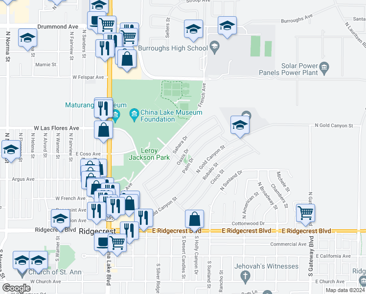 map of restaurants, bars, coffee shops, grocery stores, and more near 416 Sahara Drive in Ridgecrest