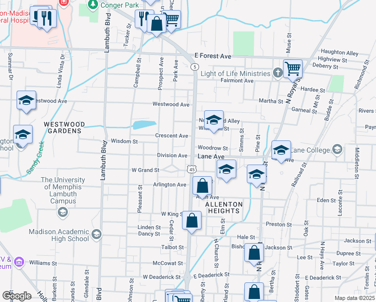map of restaurants, bars, coffee shops, grocery stores, and more near 909 North Highland Avenue in Jackson