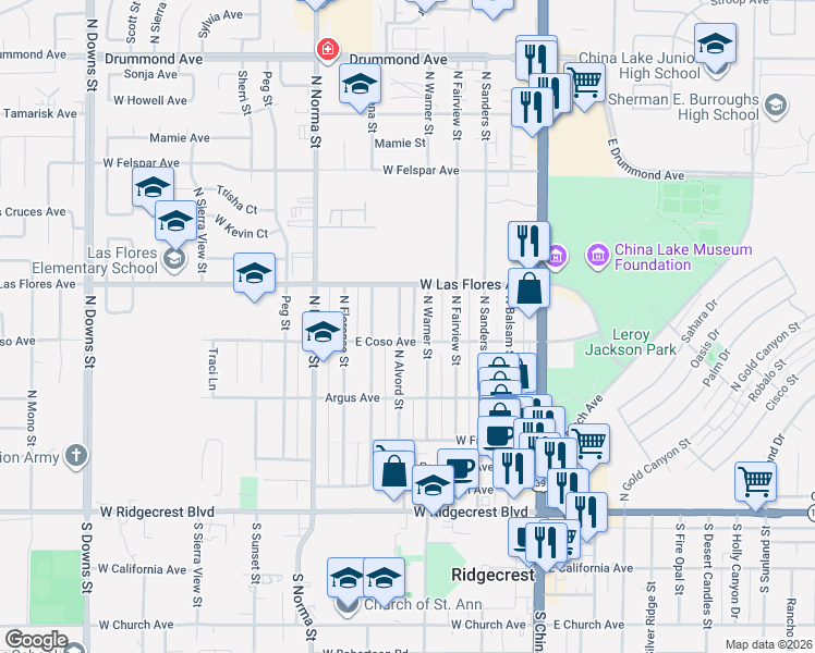 map of restaurants, bars, coffee shops, grocery stores, and more near 400 North Alvord Street in Ridgecrest