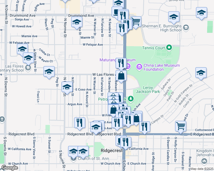 map of restaurants, bars, coffee shops, grocery stores, and more near 409 North Sanders Street in Ridgecrest