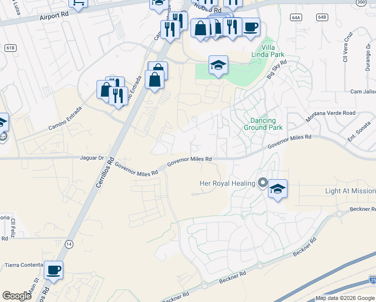 map of restaurants, bars, coffee shops, grocery stores, and more near 4579 Governor Miles Road in Santa Fe