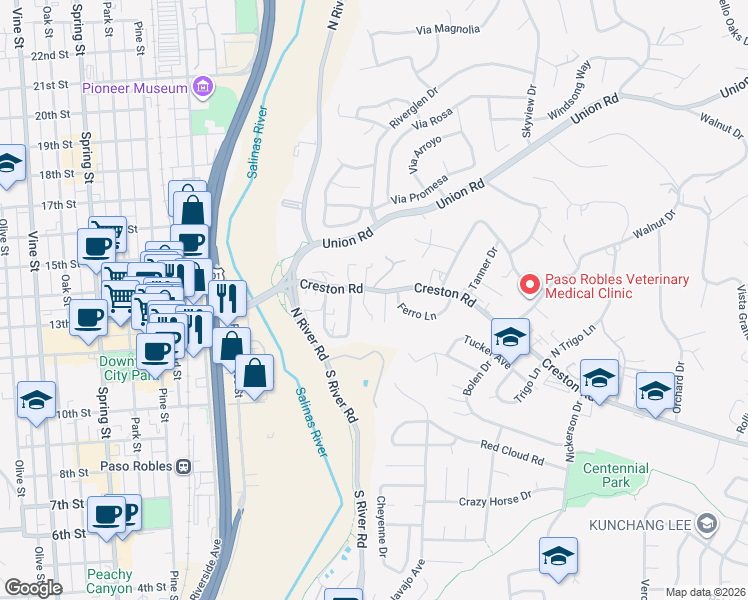 map of restaurants, bars, coffee shops, grocery stores, and more near 424 Creston Road in Paso Robles