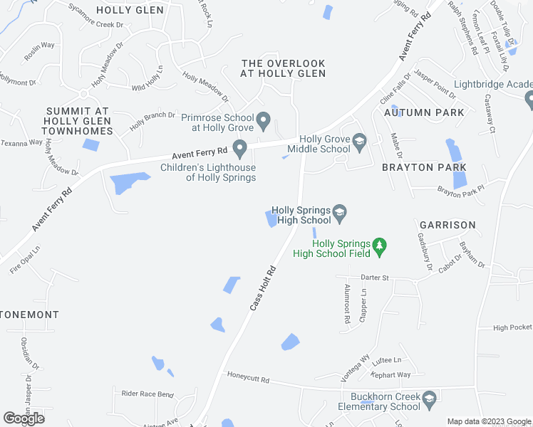 map of restaurants, bars, coffee shops, grocery stores, and more near 5420 Cass Holt Road in Holly Springs