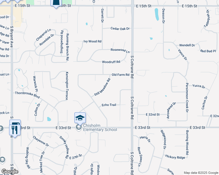 map of restaurants, bars, coffee shops, grocery stores, and more near 2600 Still Meadow Road in Edmond
