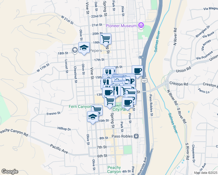 map of restaurants, bars, coffee shops, grocery stores, and more near 1339 Spring Street in Paso Robles